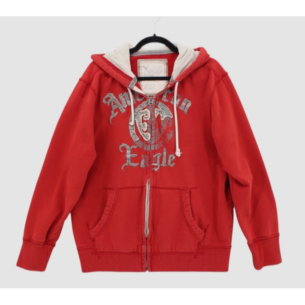 American Eagle Zip Up Hoodie Mens XL‎ Red Applique Distressed Vintage Grunge AEO